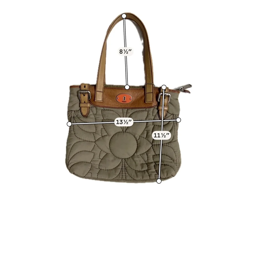 Fossil Quilted Flower Key-Per Tote Bag Beige Tan Leather Key Charm Y2K